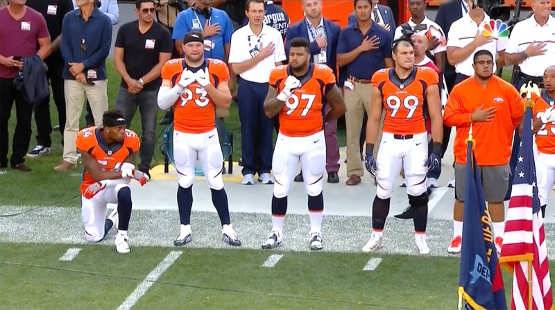 Denver Broncos linebacker Brandon Marshall kneels for the anthem during the NFL season opener Thursday night. (Screenshot: NBC)